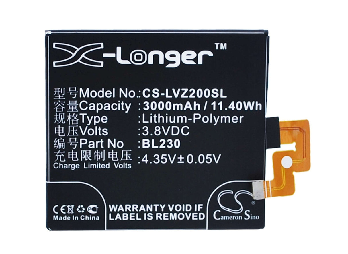 3.8V, Li-Polymer, 3000mAh, SmartPhone battery fits Lenovo, Bl230, Vibe Z2, Vibe Z2t, 11.4Wh Mobile, SmartPhone Cameron Sino Technology Limited (Smartphone)