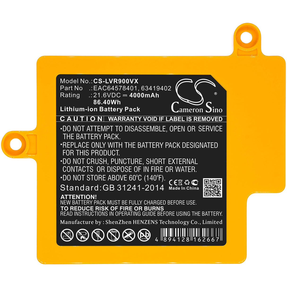 21.6V, Li-ion, 4000mAh, Vacuum battery fits Lg, Bdv1, Cordzero R87, Cordzero R9, 86.40Wh Vacuum Cameron Sino Technology Limited