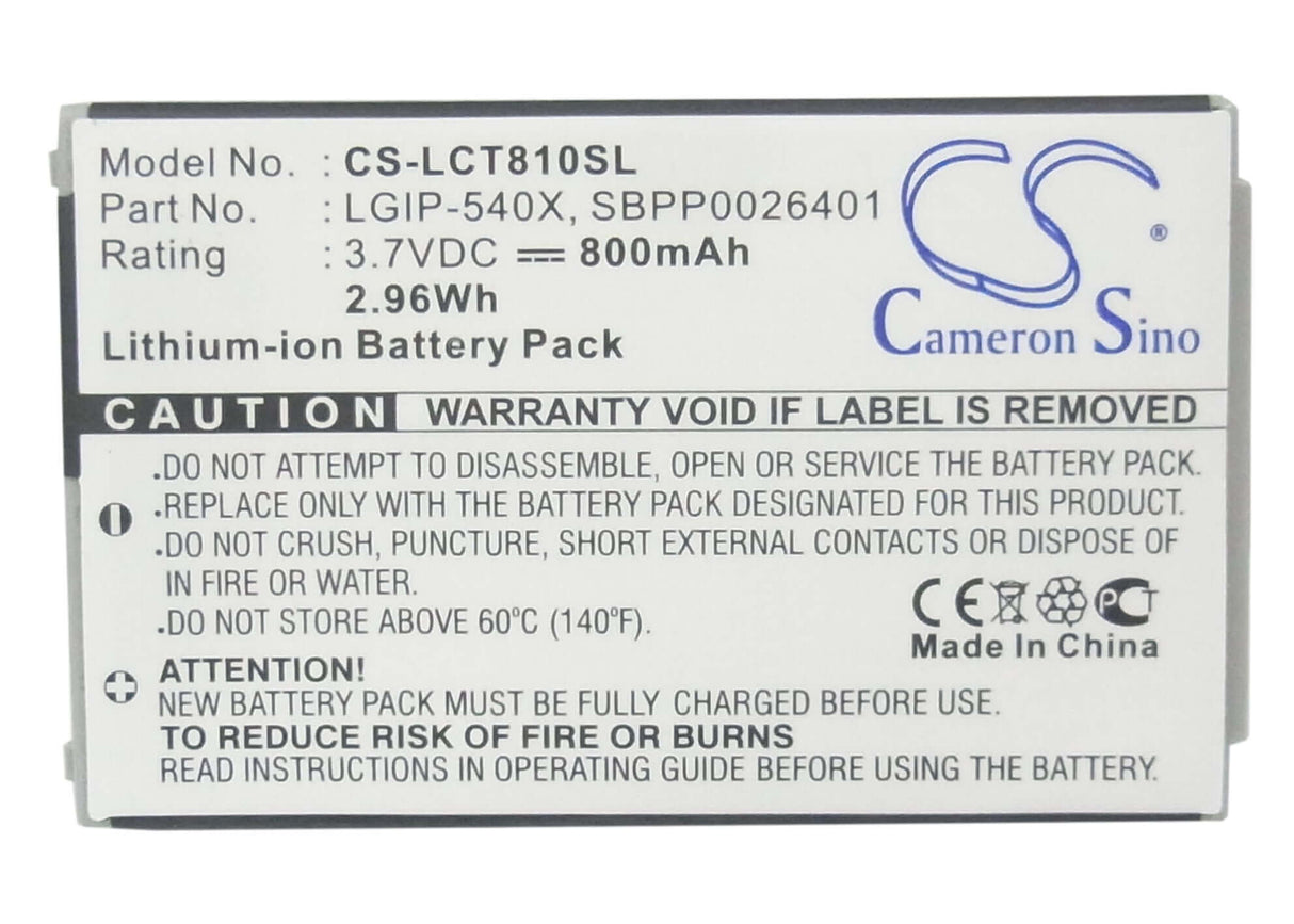 3.7V, Li-ion, 800mAh, SmartPhone battery fits Lg, Lgip-540x, Ct810, Ct810 Incite, 2.96Wh Mobile, SmartPhone Cameron Sino Technology Limited (Suspended)