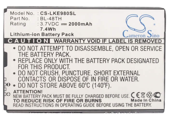 3.7V, Li-ion, 2000mAh, SmartPhone battery fits Lg, Bl-48th, E940, E977, 7.4Wh Mobile, SmartPhone Cameron Sino Technology Limited (Smartphone)