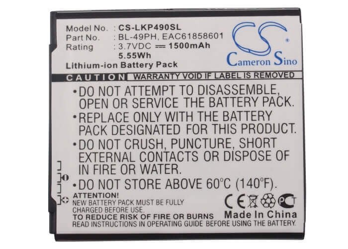 3.7V, Li-ion, 1500mAh, SmartPhone battery fits Lg, Bl-49ph, F120, F120k, 5.55Wh Mobile, SmartPhone Cameron Sino Technology Limited (Suspended)
