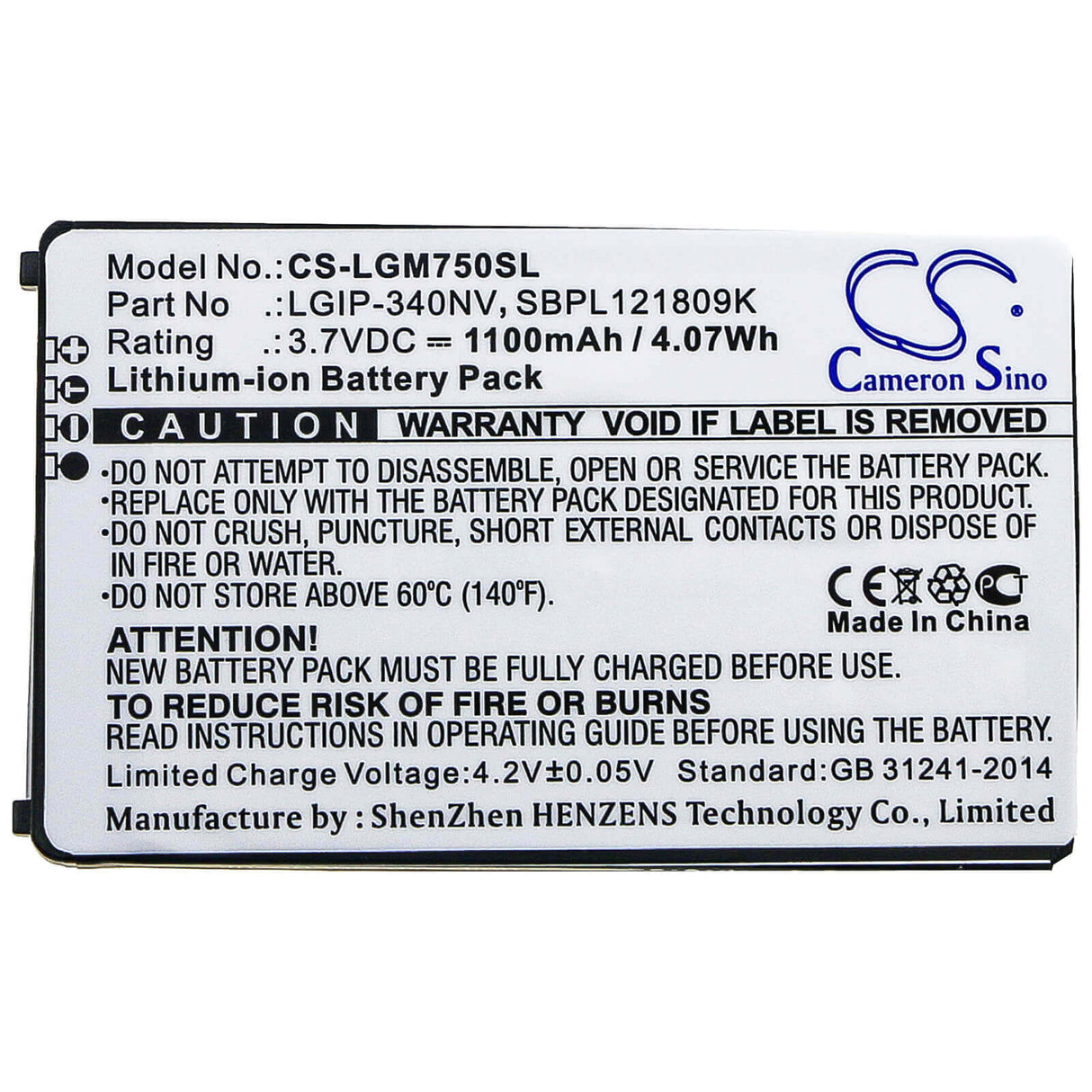 3.7V, Li-ion, 1100mAh, SmartPhone battery fits Lg, Lgip-340nv, Eigen, Gm750, 4.07Wh Mobile, SmartPhone Cameron Sino Technology Limited (Smartphone)