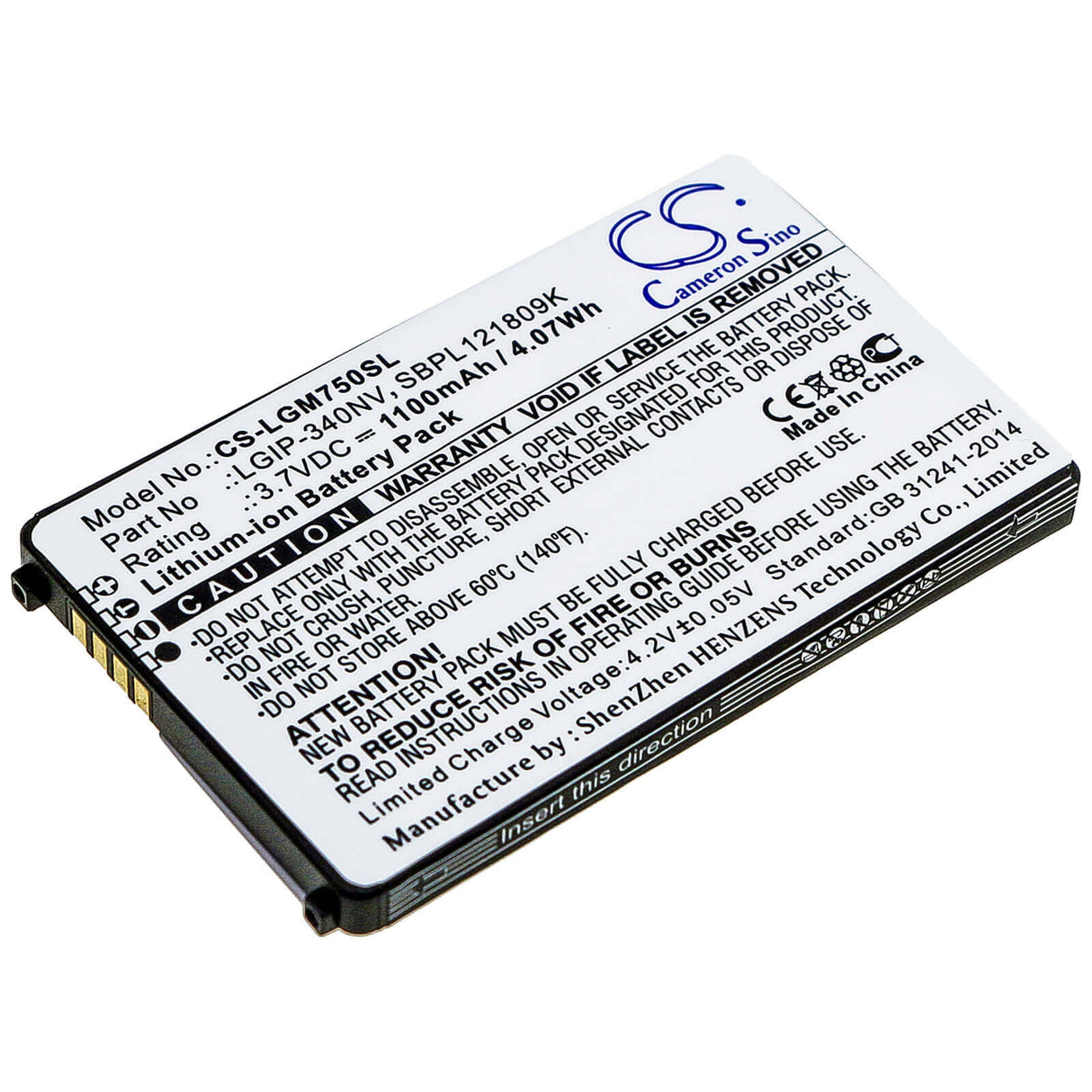 3.7V, Li-ion, 1100mAh, SmartPhone battery fits Lg, Lgip-340nv, Eigen, Gm750, 4.07Wh Mobile, SmartPhone Cameron Sino Technology Limited (Smartphone)