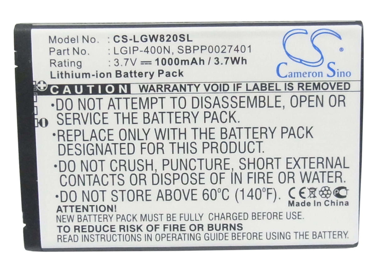 3.7V, Li-ion, 1000mAh, SmartPhone battery fits Lg, Lgip-400n, Etna, Expo Gw820, 3.7Wh Mobile, SmartPhone Cameron Sino Technology Limited (Smartphone)