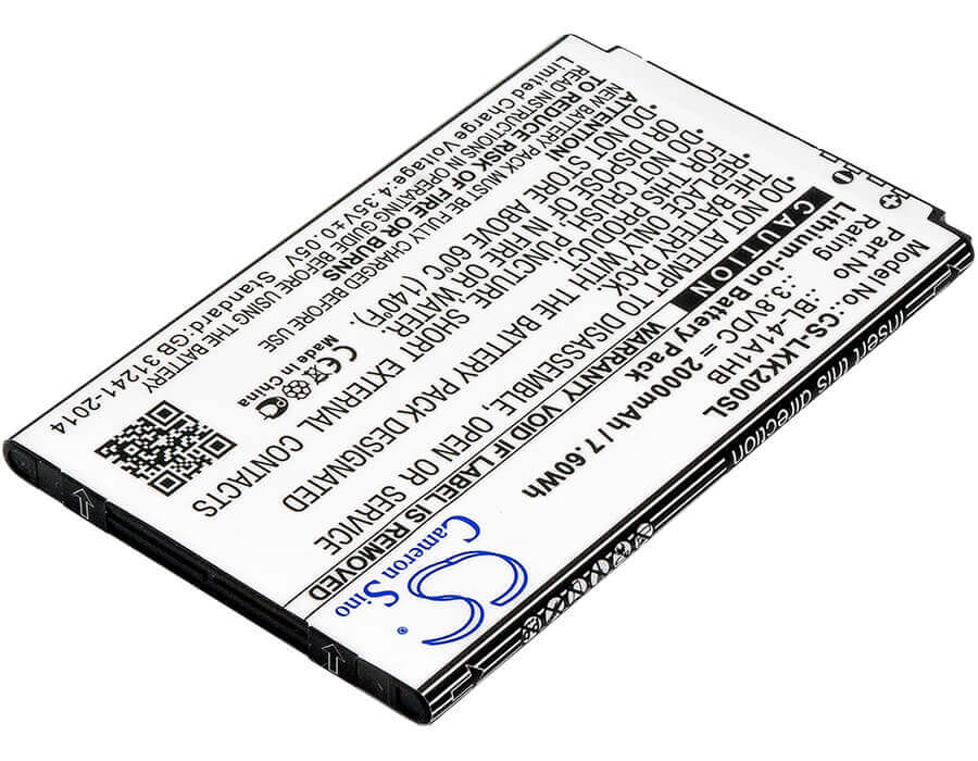 3.8V, Li-ion, 2000mAh, SmartPhone battery fits Lg, Bl-41a1hb, K200, K200ds, 7.6Wh Mobile, SmartPhone Cameron Sino Technology Limited (Smartphone)