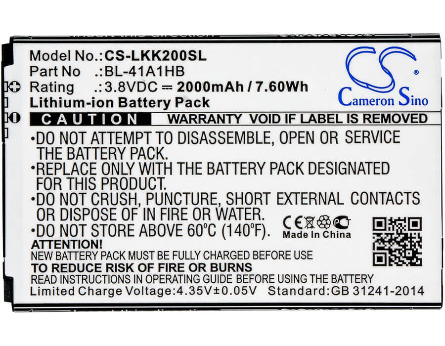 3.8V, Li-ion, 2000mAh, SmartPhone battery fits Lg, Bl-41a1hb, K200, K200ds, 7.6Wh Mobile, SmartPhone Cameron Sino Technology Limited (Smartphone)