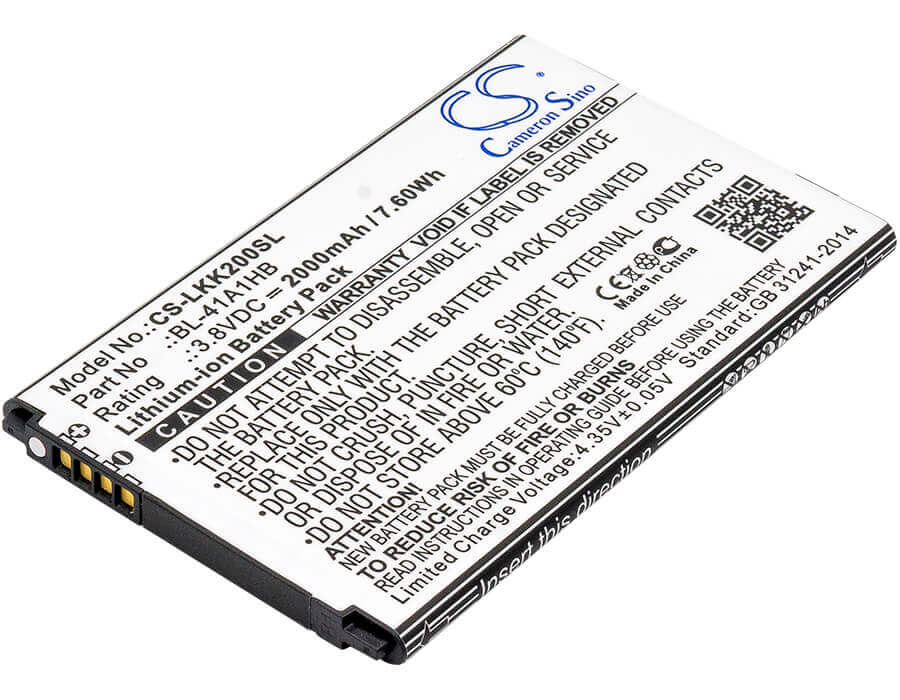 3.8V, Li-ion, 2000mAh, SmartPhone battery fits Lg, Bl-41a1hb, K200, K200ds, 7.6Wh Mobile, SmartPhone Cameron Sino Technology Limited (Smartphone)
