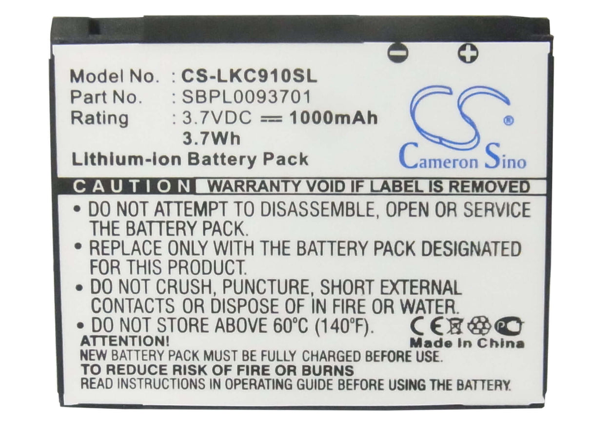 3.7V, Li-ion, 1000mAh, SmartPhone battery fits Lg, Sbpl0093701, Kc910, 3.7Wh Mobile, SmartPhone Cameron Sino Technology Limited (Suspended)