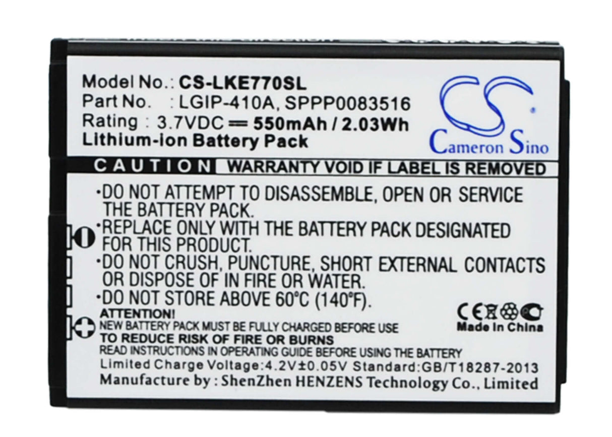 3.7V, Li-ion, 550mAh, SmartPhone battery fits Lg, Lgip-410a, 278a, Ke770, 2.04Wh Mobile, SmartPhone Cameron Sino Technology Limited (Smartphone)