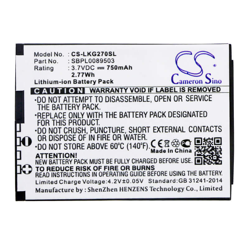 3.7V, Li-ion, 750mAh, SmartPhone battery fits Lg, Sbpl0089503, Kg270, Kg275, 2.78Wh Mobile, SmartPhone Cameron Sino Technology Limited (Suspended)