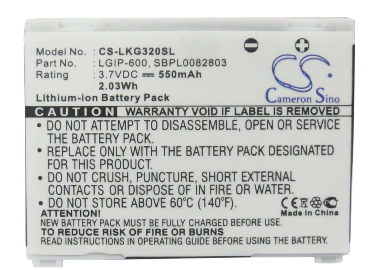 3.7V, Li-ion, 550mAh, SmartPhone battery fits Lg, Lgip-600, Kg320, Kg-320, 2.04Wh Mobile, SmartPhone Cameron Sino Technology Limited (Suspended)