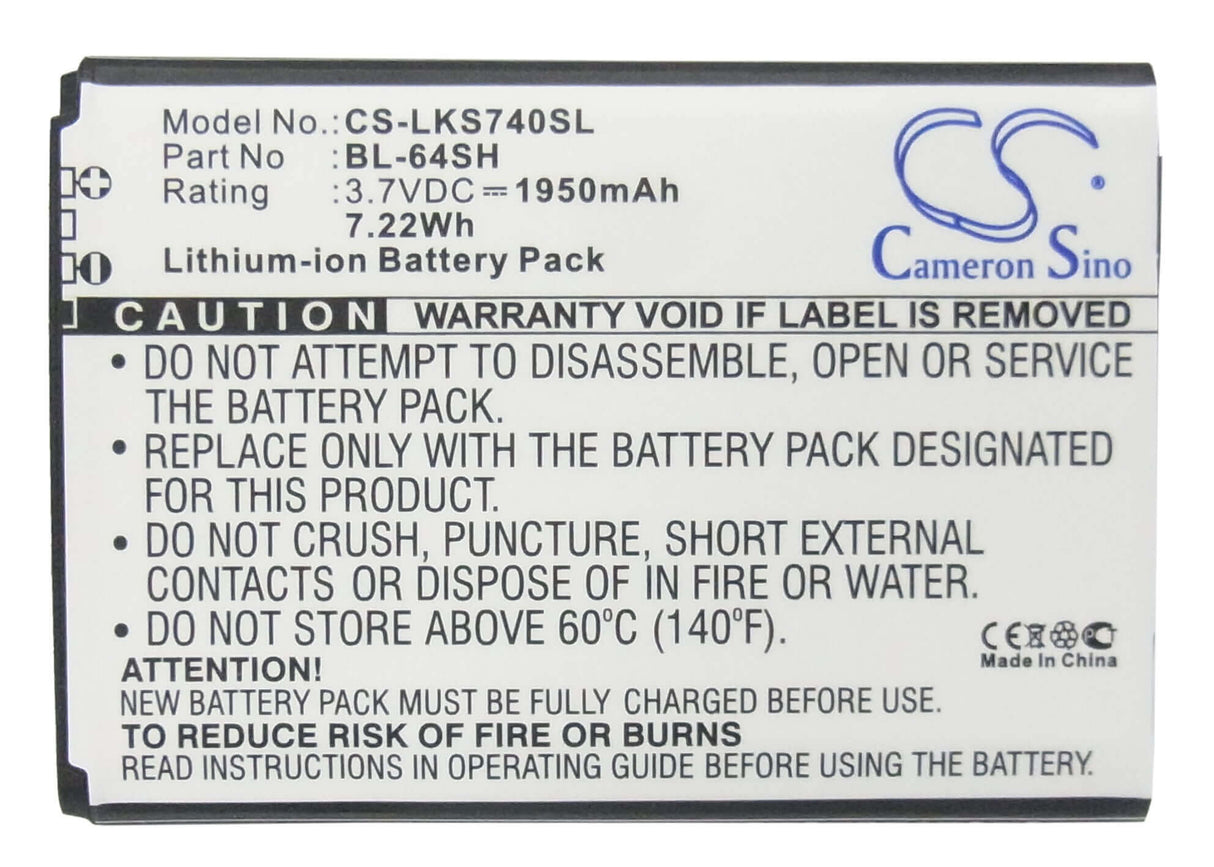 3.7V, Li-ion, 1950mAh, SmartPhone battery fits Lg, Bl-64sh, F540s, H442, 7.22Wh Mobile, SmartPhone Cameron Sino Technology Limited (Suspended)