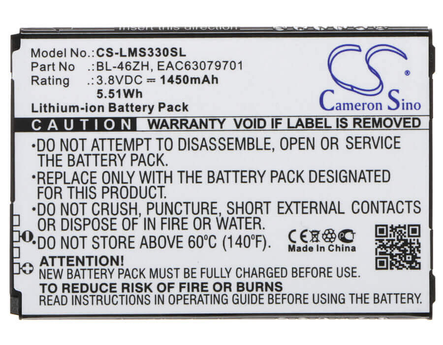 3.8V, Li-ion, 1450mAh, SmartPhone battery fits At&t, Lg, Bl-46zh, Gophone 4g Lte, 5.51Wh Mobile, SmartPhone Cameron Sino Technology Limited (Smartphone)