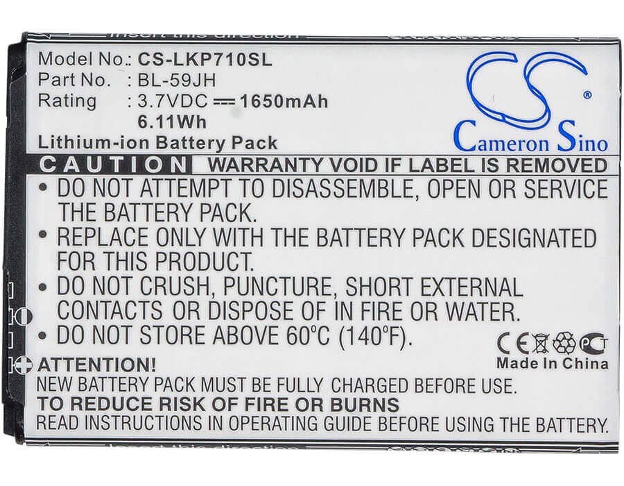 3.7V, Li-ion, 1650mAh, SmartPhone battery fits Lg, Verizon, Bl-59jh, As870, D500, 6.11Wh Mobile, SmartPhone Cameron Sino Technology Limited (Smartphone)
