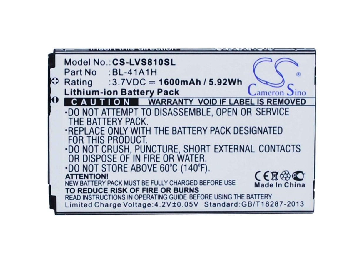 3.7V, Li-ion, 1600mAh, SmartPhone battery fits Lg, Bl-41a1h, Cz2112lwr, D390, 5.92Wh Mobile, SmartPhone Cameron Sino Technology Limited (Smartphone)