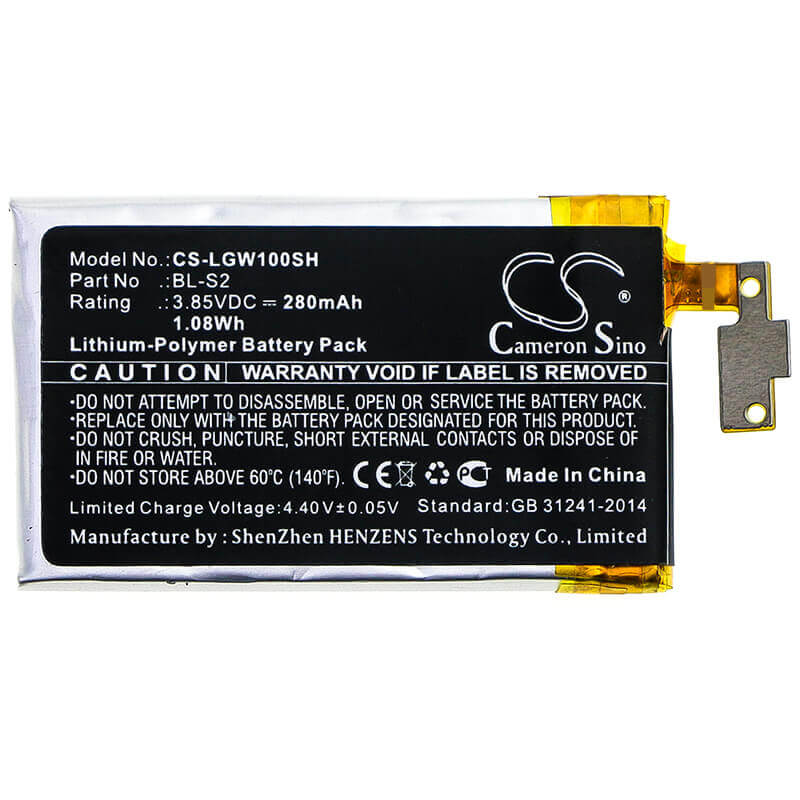 3.85V, Li-Polymer, 280mAh, Smartwatch battery fits Lg, Bl-s2, W100, Watch R, 1.08Wh Smartwatch Cameron Sino Technology Limited