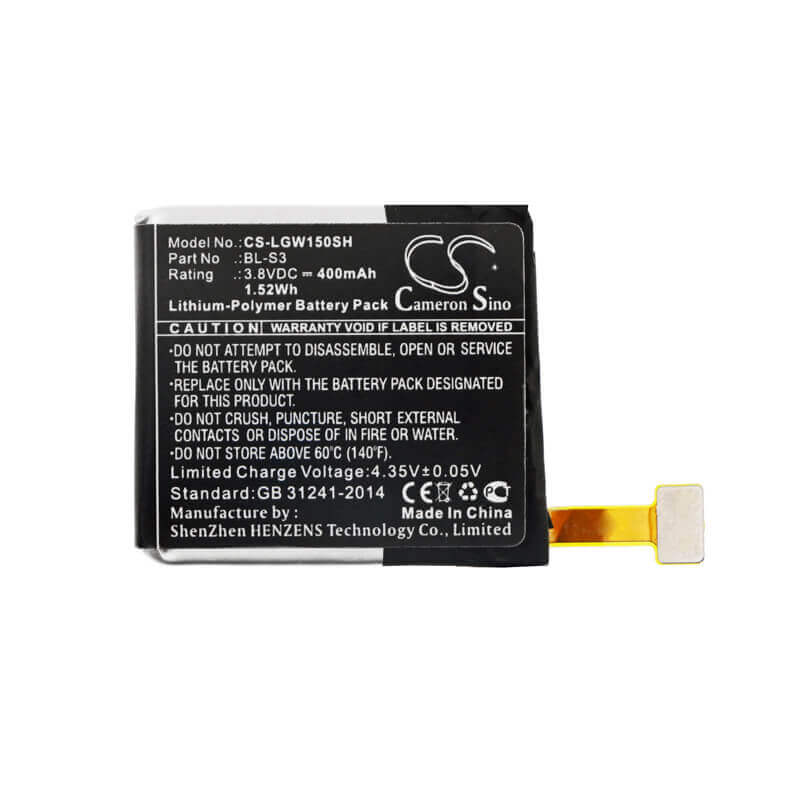 3.8V, Li-Polymer, 400mAh, Smartwatch battery fits Lg, Bl-s3, W150, Watch Urbane, 1.52Wh Smartwatch Cameron Sino Technology Limited