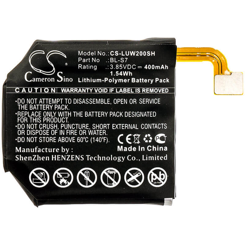 3.85V, Li-Polymer, 400mAh, Smartwatch battery fits Lg, Bl-s7, W200, W280, 1.54Wh Smartwatch Cameron Sino Technology Limited