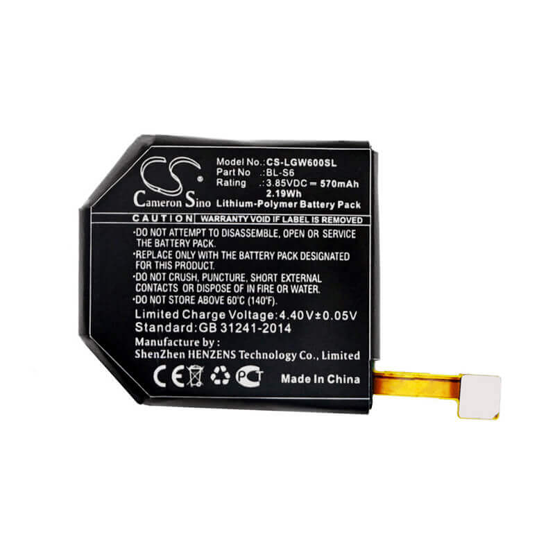 3.85V, Li-Polymer, 570mAh, Smartwatch battery fits Lg, Bl-s6, Watch Urbane Edition Lte, 2.19Wh Smartwatch Cameron Sino Technology Limited