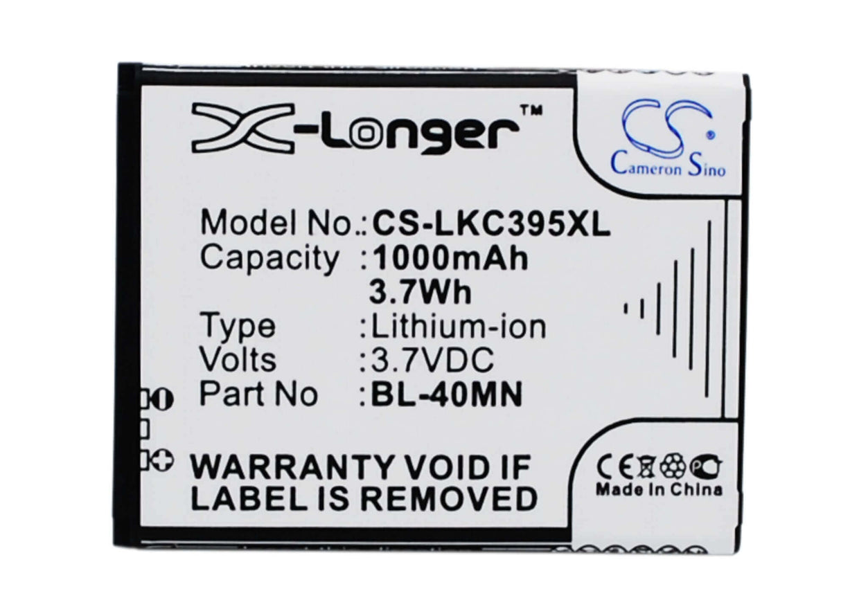 3.7V, Li-ion, 1000mAh, SmartPhone battery fits Lg, Bl-40mn, C395, C395c, 3.7Wh Mobile, SmartPhone Cameron Sino Technology Limited (Smartphone)