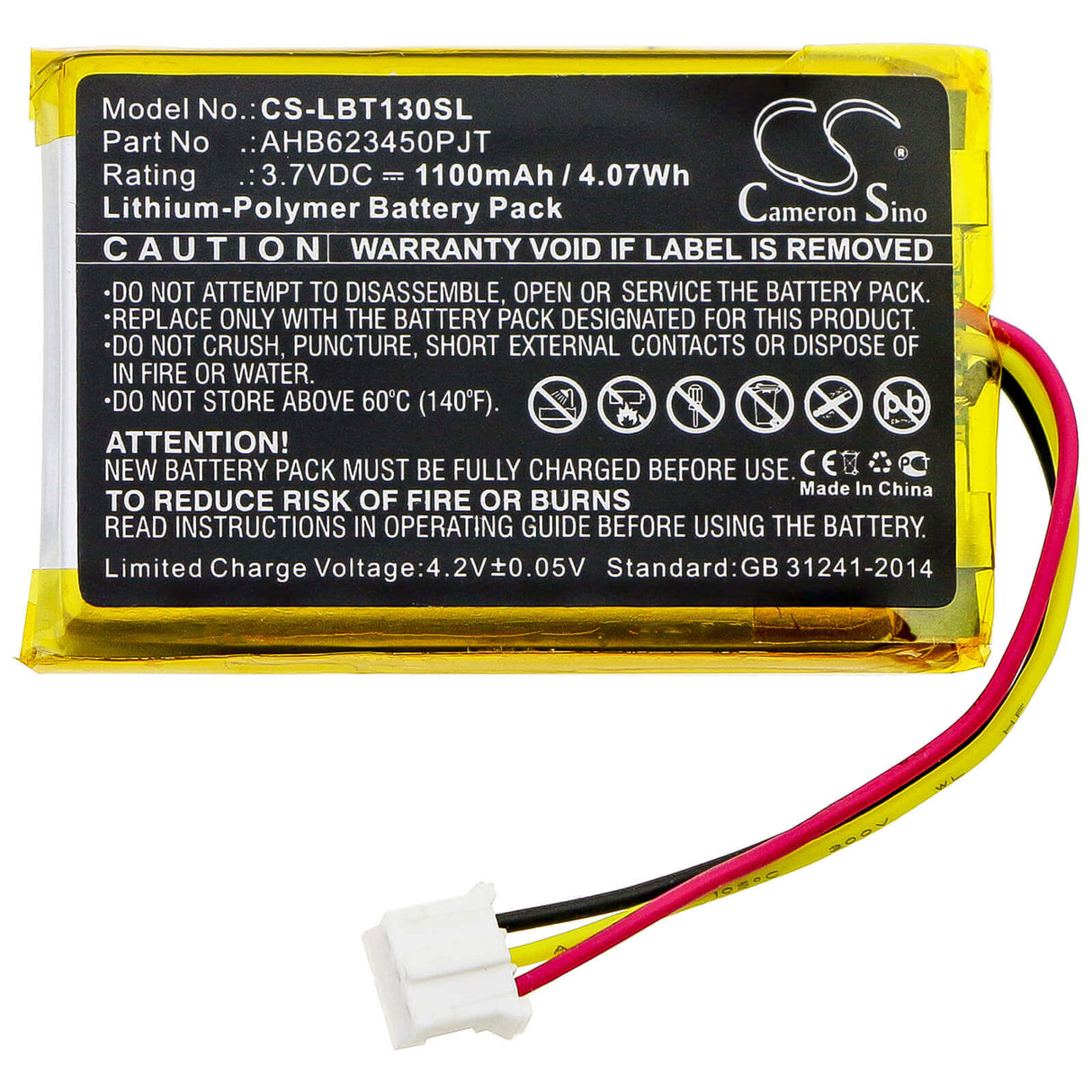 3.7V, Li-Polymer, 1100mAh, Batterie de casque s'adapte à Listen Technologies, Okayo, Ahb623450pjt, Guide Audio, Lbt-1300, 4.07Wh Casque sans fil Cameron Sino Technology Limited