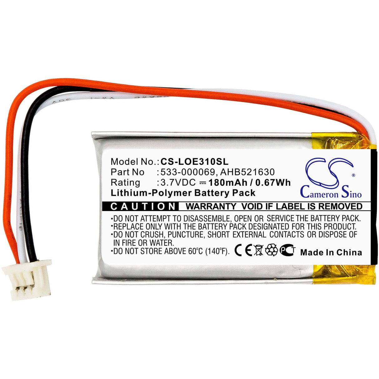 3.7V, Li-Polymer, 180mAh, Keyboard,Mouse battery fits Logitech, Logitech, 533-000069, A-00031, G304, 0.67Wh Keyboard,Mouse Cameron Sino Technology Limited