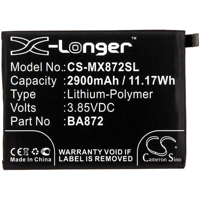 3.85V, Li-Polymer, 2900mAh, SmartPhone battery fits Meizu, Meilan, Ba872, 16x, M1872, 11.17Wh Mobile, SmartPhone Cameron Sino Technology Limited (Smartphone)