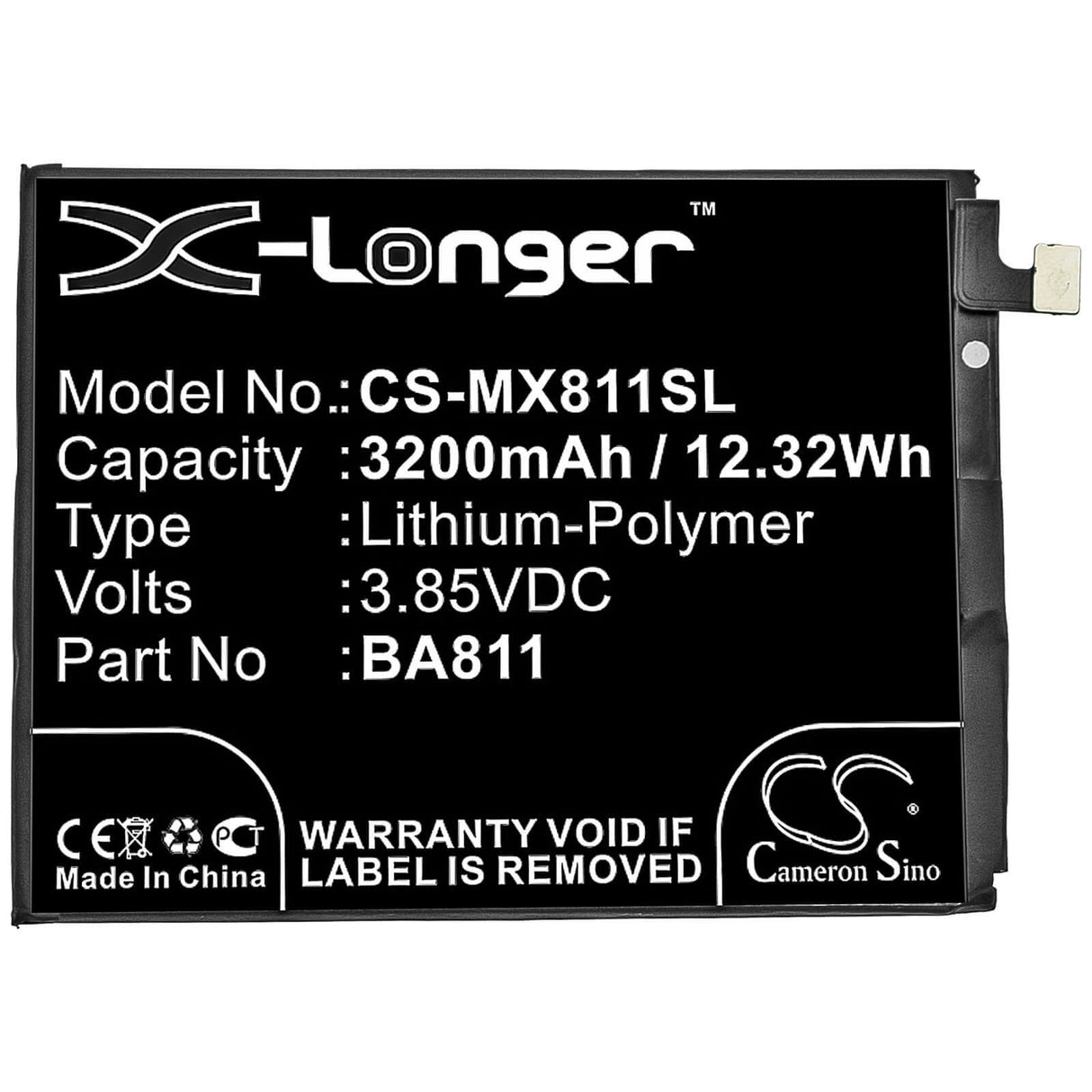 3.85V, Li-Polymer, 3200mAh, SmartPhone battery fits Meilan, Meizu, Ba811, 6t, 12.32Wh Mobile, SmartPhone Cameron Sino Technology Limited (Smartphone)