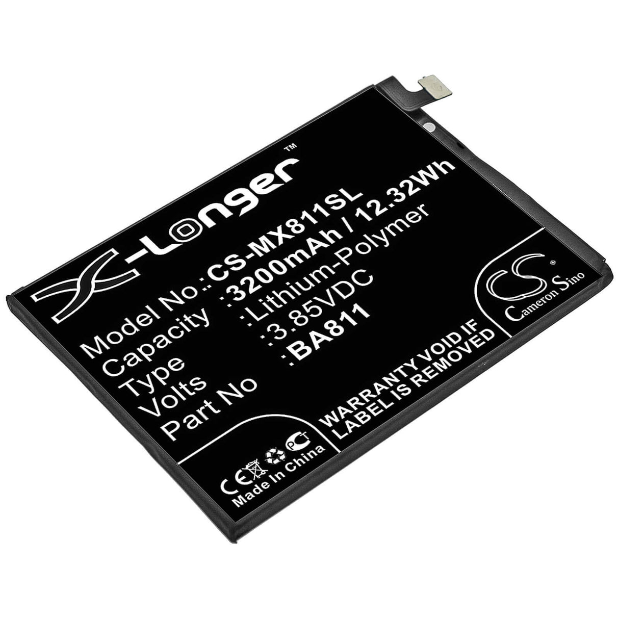 3.85V, Li-Polymer, 3200mAh, SmartPhone battery fits Meilan, Meizu, Ba811, 6t, 12.32Wh Mobile, SmartPhone Cameron Sino Technology Limited (Smartphone)