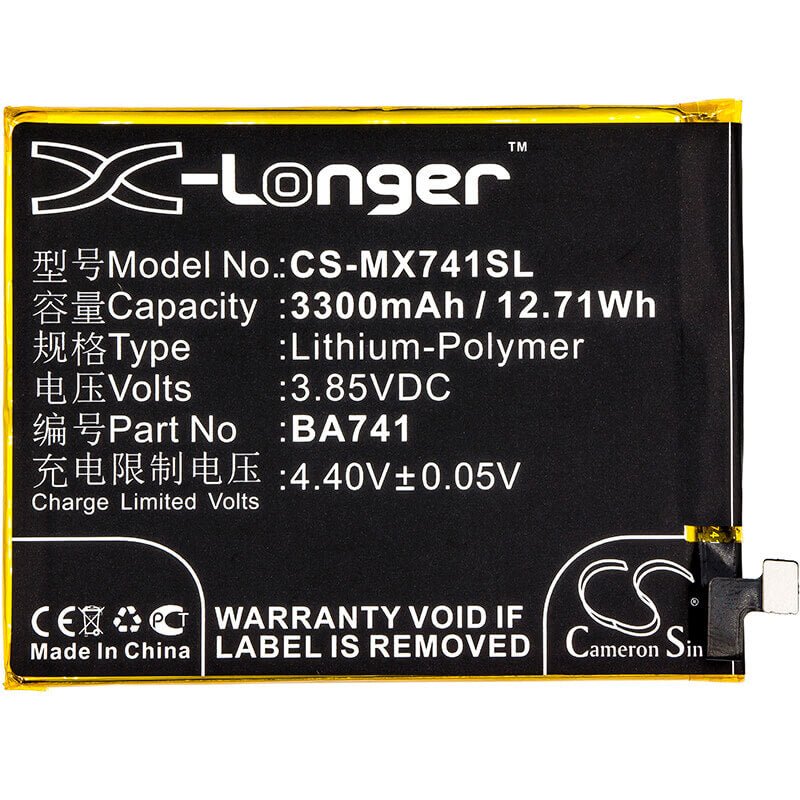 3.85V, Li-Polymer, 3300mAh, SmartPhone battery fits Meizu, Meilan, Ba741, E2, 12.71Wh Mobile, SmartPhone Cameron Sino Technology Limited (Smartphone)