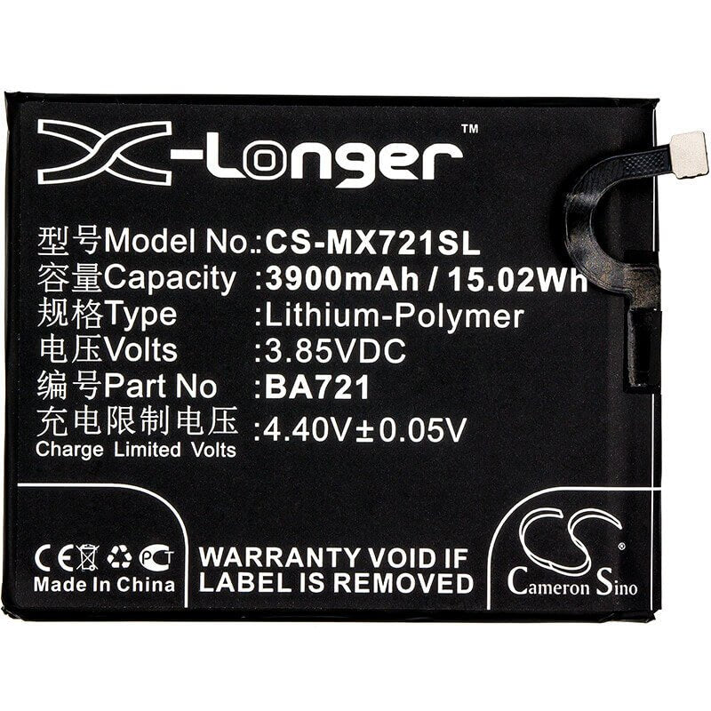 3,85V, Li-Polymer, 3900mAh, Batterie de smartphone compatible avec Meilan, Meizu, Ba721, M5 Note, M5 Note Global Dualsim, 15,02Wh Mobile, Smartphone Cameron Sino Technology Limited (Smartphone)