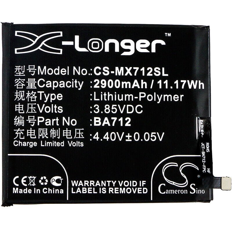 3.85V, Li-Polymer, 2900mAh, SmartPhone battery fits Meilan, Meizu, Ba712, S6, 11.17Wh Mobile, SmartPhone Cameron Sino Technology Limited (Smartphone)