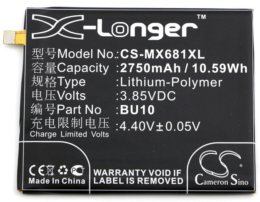 3.85V, Li-Polymer, 2750mAh, SmartPhone battery fits Meilan, Meizu, Bu10, U10, U10 Dual Sim, 10.59Wh Mobile, SmartPhone Cameron Sino Technology Limited (Smartphone)