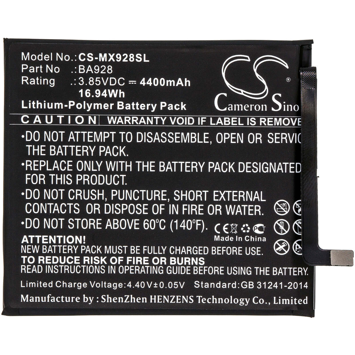 3,85V, Li-Polymer, 4400mAh, batterie de smartphone compatible avec Meizu, Ba928, 16t, M1928, 16,94Wh Mobile, Smartphone Cameron Sino Technology Limited (Smartphone)