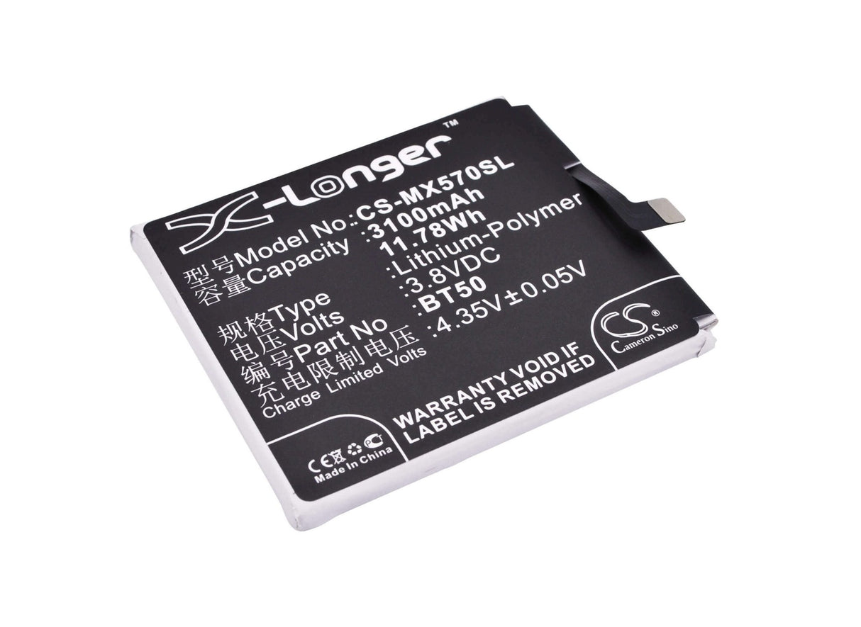 3.8V, Li-Polymer, 3100mAh, SmartPhone battery fits Meizu, Bt50, Blue Charm Metal, Blue Charm Metal Dual Sim Td-l, 11.78Wh Mobile, SmartPhone Cameron Sino Technology Limited (Smartphone)