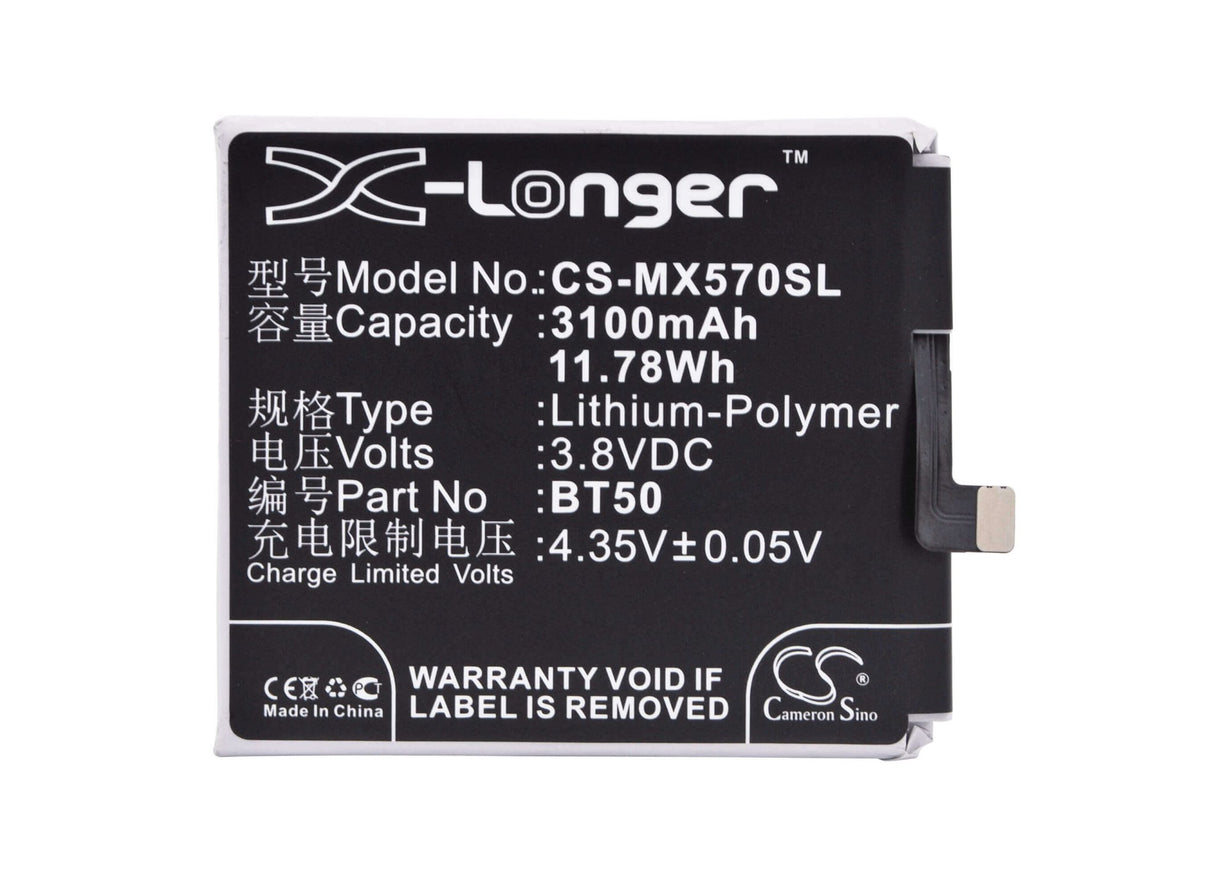 3.8V, Li-Polymer, 3100mAh, SmartPhone battery fits Meizu, Bt50, Blue Charm Metal, Blue Charm Metal Dual Sim Td-l, 11.78Wh Mobile, SmartPhone Cameron Sino Technology Limited (Smartphone)