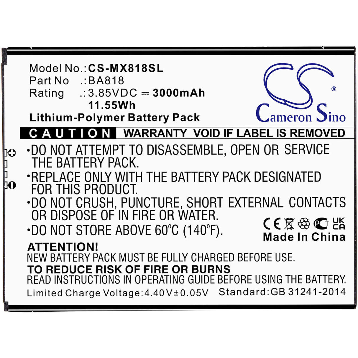 3.85V, Li-Polymer, 3000mAh, SmartPhone battery fits Meizu, Ba818, C9, C9 Pro, 11.55Wh Mobile, SmartPhone Cameron Sino Technology Limited (Smartphone)