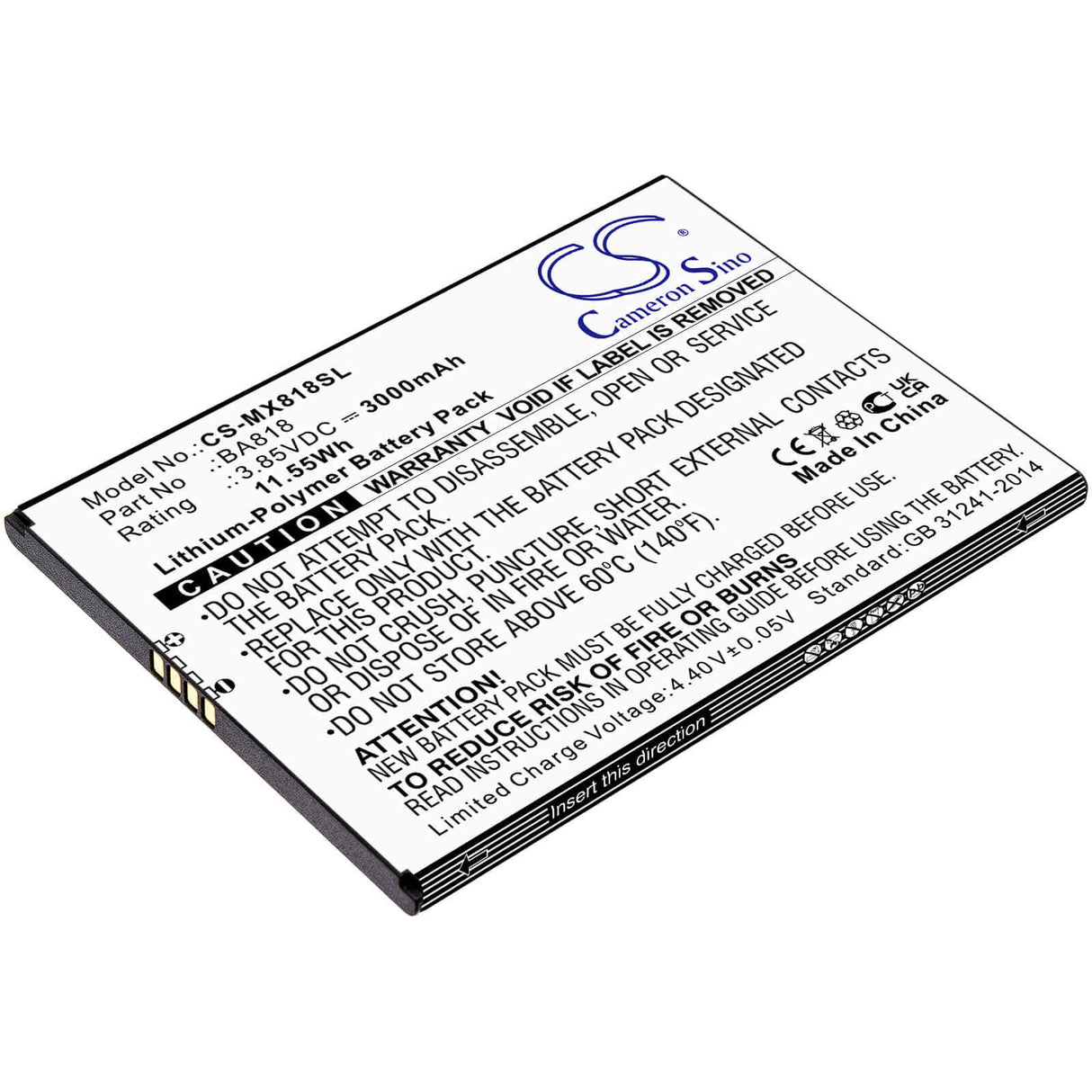 3.85V, Li-Polymer, 3000mAh, SmartPhone battery fits Meizu, Ba818, C9, C9 Pro, 11.55Wh Mobile, SmartPhone Cameron Sino Technology Limited (Smartphone)