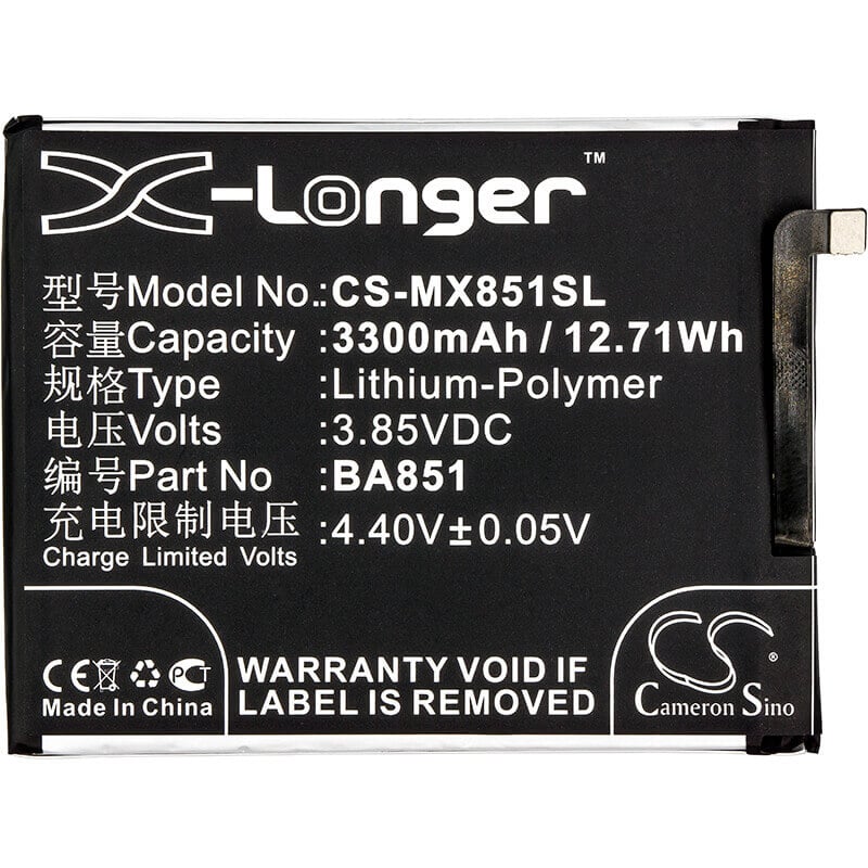 3.85V, Li-Polymer, 3300mAh, SmartPhone battery fits Meizu, Ba851, E3, E3 Dual Sim, 12.71Wh Mobile, SmartPhone Cameron Sino Technology Limited (Suspended)