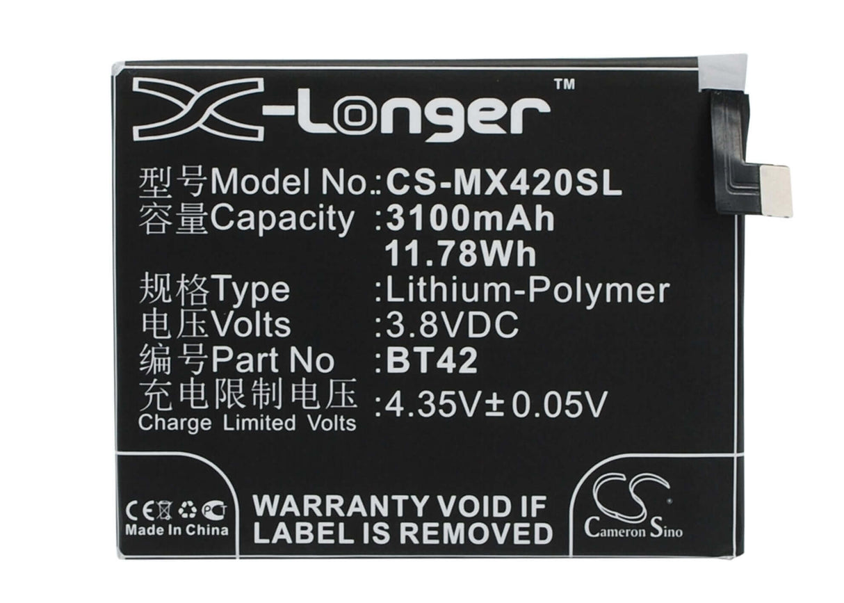 3.8V, Li-Polymer, 3100mAh, SmartPhone battery fits Meizu, Bt42, M1, Note, 11.78Wh Mobile, SmartPhone Cameron Sino Technology Limited (Smartphone)