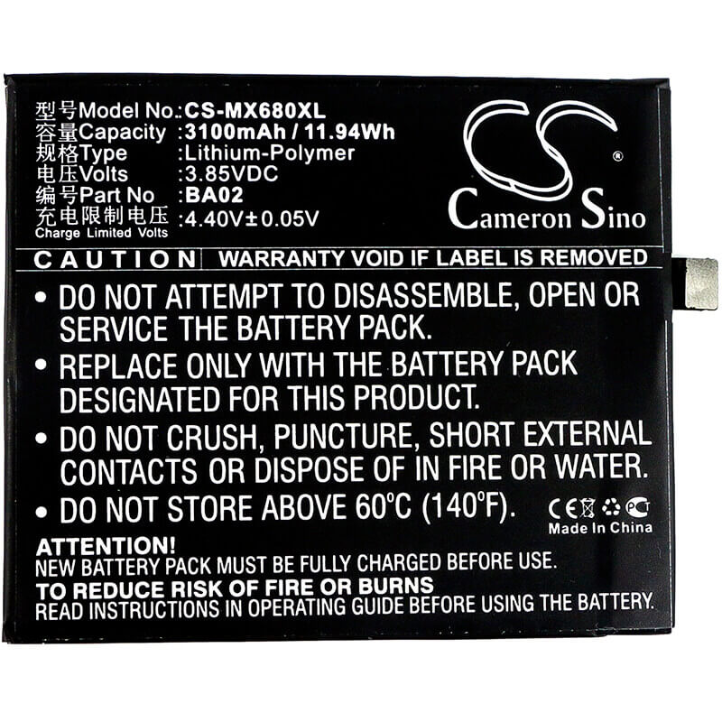 3,85V, Li-Polymer, 3100mAh, batterie de smartphone compatible avec Meizu, Ba02, A680m, A680q, 11,94Wh Mobile, Smartphone Cameron Sino Technology Limited (Smartphone)