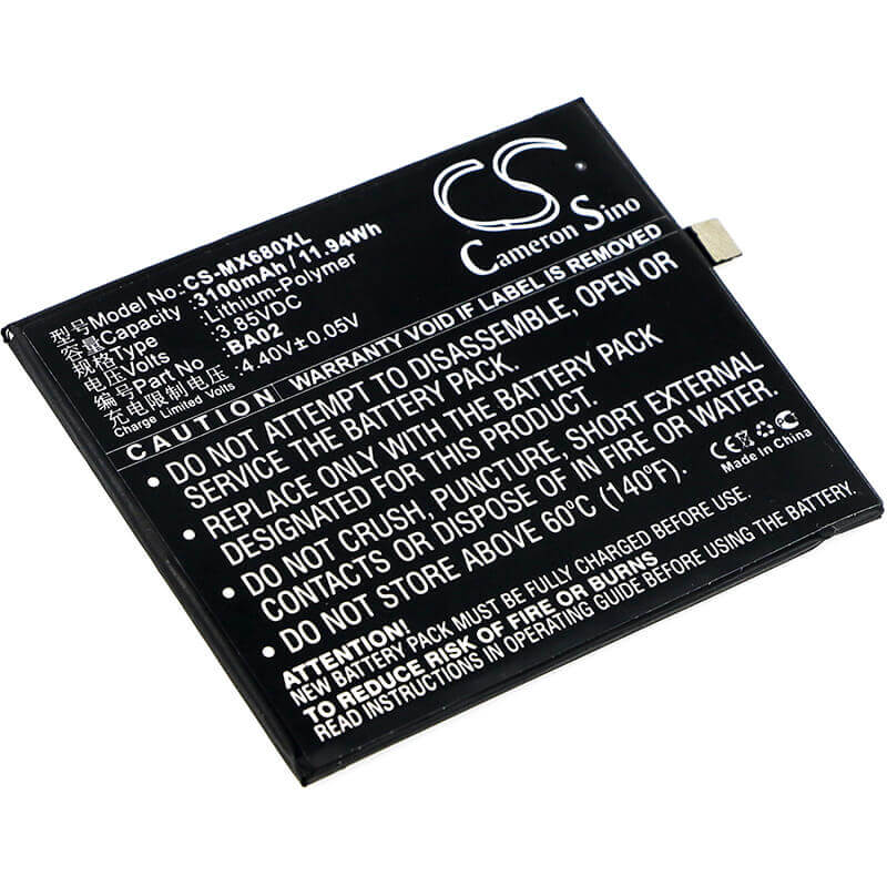 3,85V, Li-Polymer, 3100mAh, batterie de smartphone compatible avec Meizu, Ba02, A680m, A680q, 11,94Wh Mobile, Smartphone Cameron Sino Technology Limited (Smartphone)