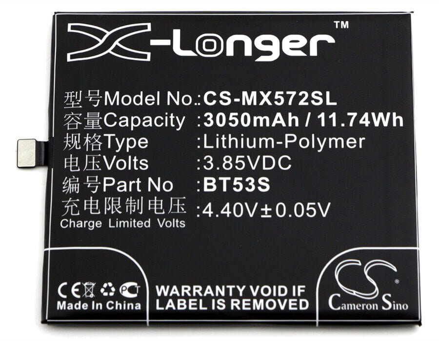 3.85V, Li-Polymer, 3050mAh, SmartPhone battery fits Meizu, Bt53s, M570q-s Dual Sim Td-lte, Pro 6s, 11.74Wh Mobile, SmartPhone Cameron Sino Technology Limited (Smartphone)