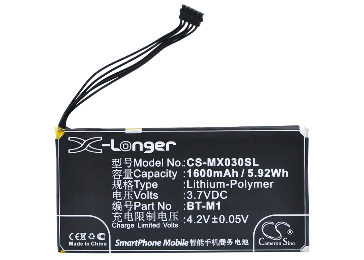 3.7V, Li-Polymer, 1600mAh, SmartPhone battery fits Meizu, Bt-m1, M030, Mx, 5.92Wh Mobile, SmartPhone Cameron Sino Technology Limited (Suspended)