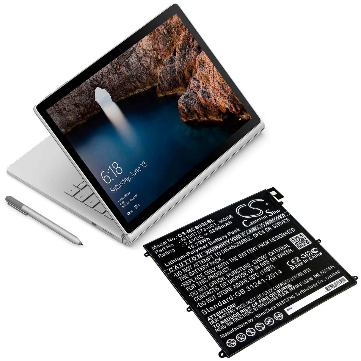 7.6V, Li-Polymer, 2200mAh, Tablet battery fits Microsoft, M1097873-001, Surface Book 1938, 16.72Wh Tablet Cameron Sino Technology Limited