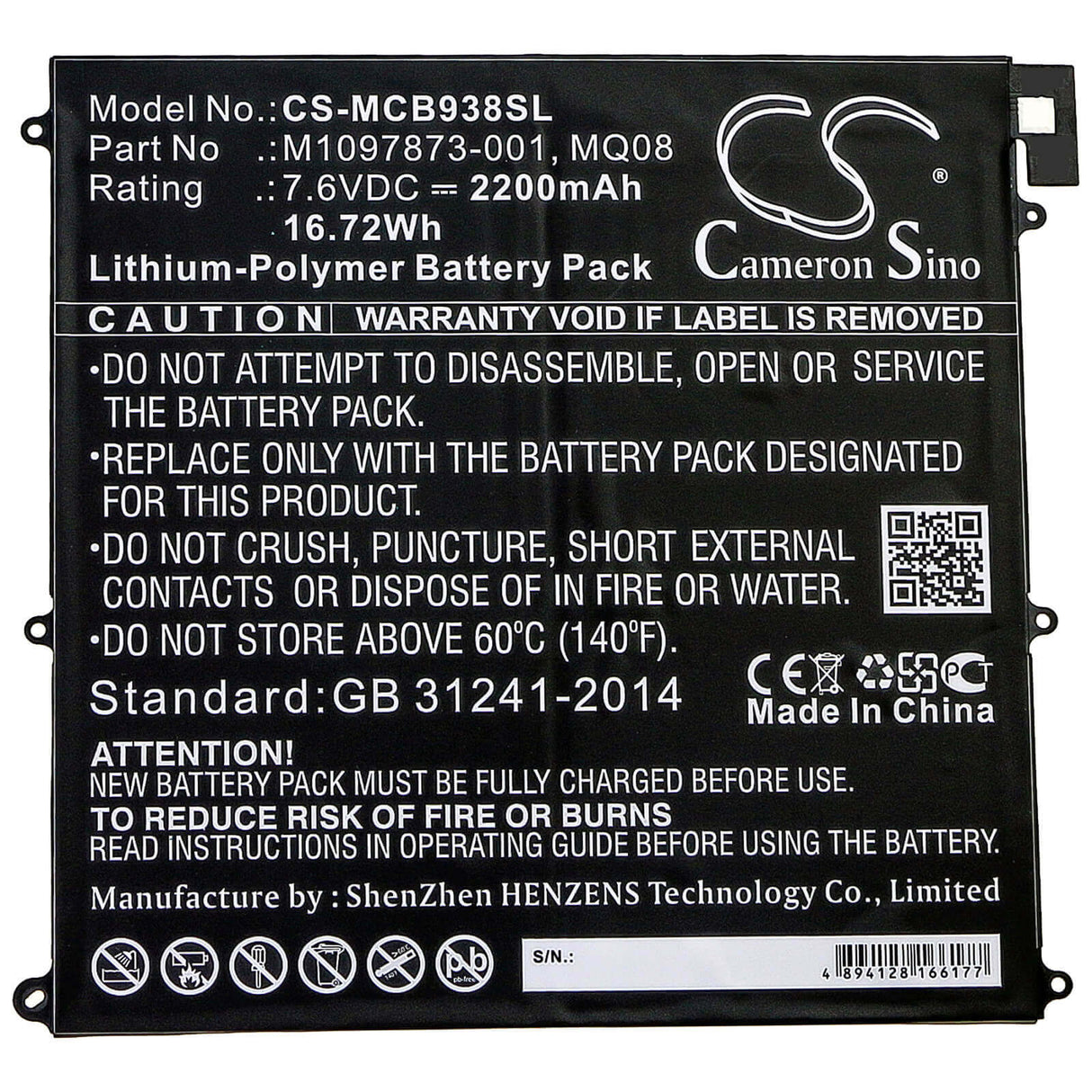 7.6V, Li-Polymer, 2200mAh, Tablet battery fits Microsoft, M1097873-001, Surface Book 1938, 16.72Wh Tablet Cameron Sino Technology Limited