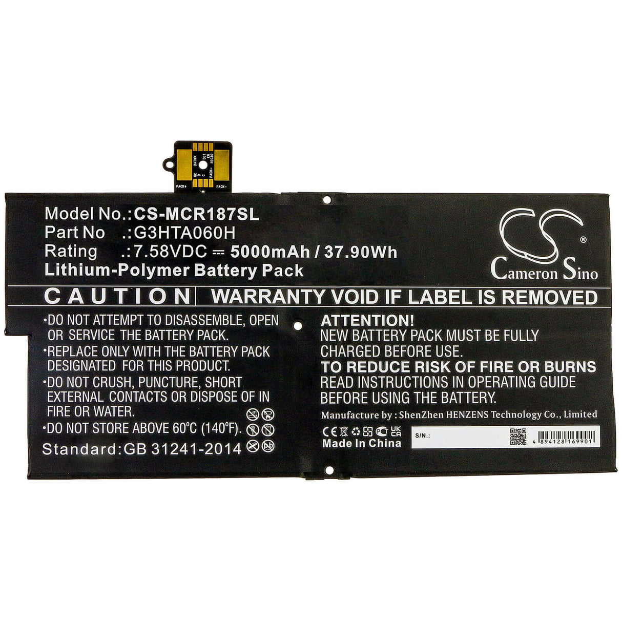 7.58V, Li-Polymer, 5000mAh, Tablet battery fits Microsoft, G3hta060h, Surface Pro X 1876 Keyboard, 37.90Wh Tablet Cameron Sino Technology Limited