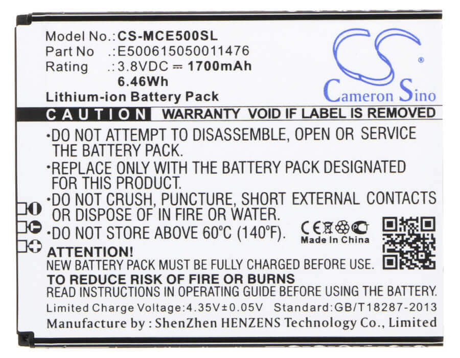3.8V, Li-ion, 1700mAh, SmartPhone battery fits Mobistel, E500615050011476, Cynus E5, Cynus E5 4g, 6.46Wh Mobile, SmartPhone Cameron Sino Technology Limited (Smartphone)