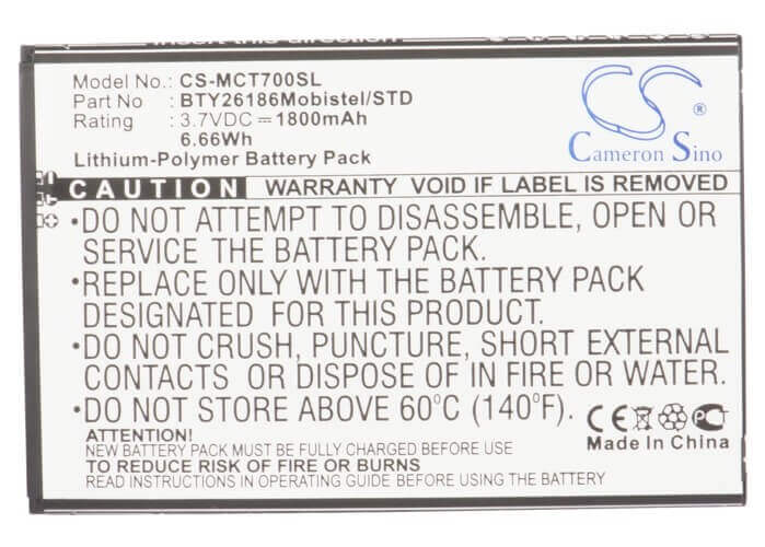 3.7V, Li-Polymer, 1800mAh, SmartPhone battery fits Mobistel, Bty26186, Cynus T7, Mt-600s, 6.66Wh Mobile, SmartPhone Cameron Sino Technology Limited (Smartphone)