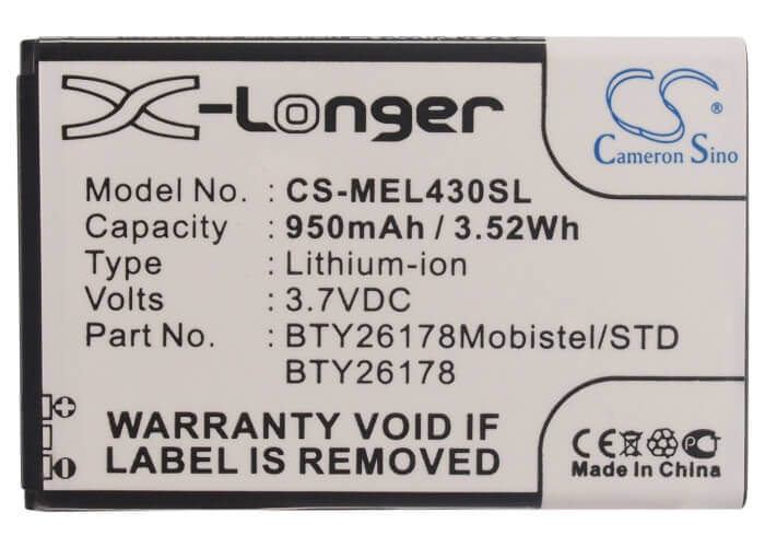 3,7V, Li-ion, 950mAh, Batterie de smartphone compatible Mobistel, Bty26178, El430, El430 Dual, 3,52Wh Mobile, Smartphone Cameron Sino Technology Limited (Smartphone)